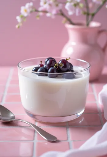 Probiotisk kefir med blå druvor dekorerad med mynta i glas