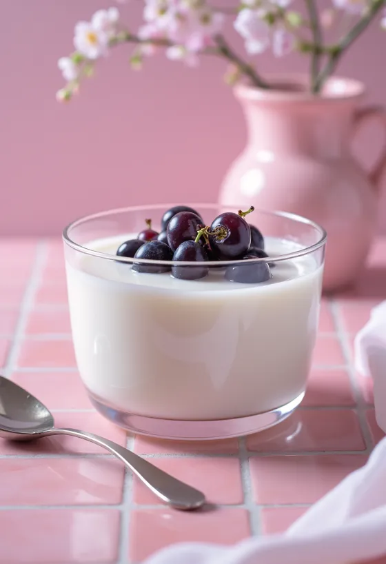 Probiotisk kefir med blå druvor dekorerad med mynta i glas