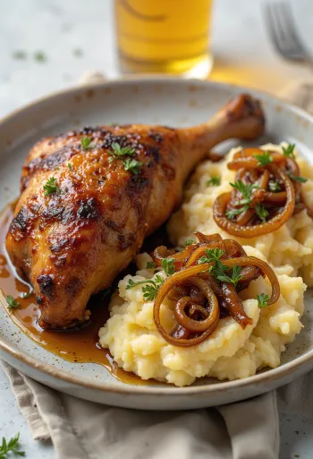 Stekt anka med lökpotatismos serverad