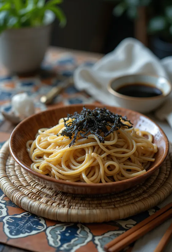 Zaru soba serverad med sojasås, wasabi och vårlök