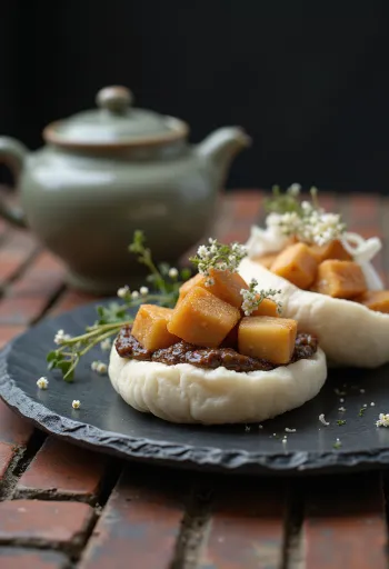 Bao-bröd med stekt tofu, ångkokta