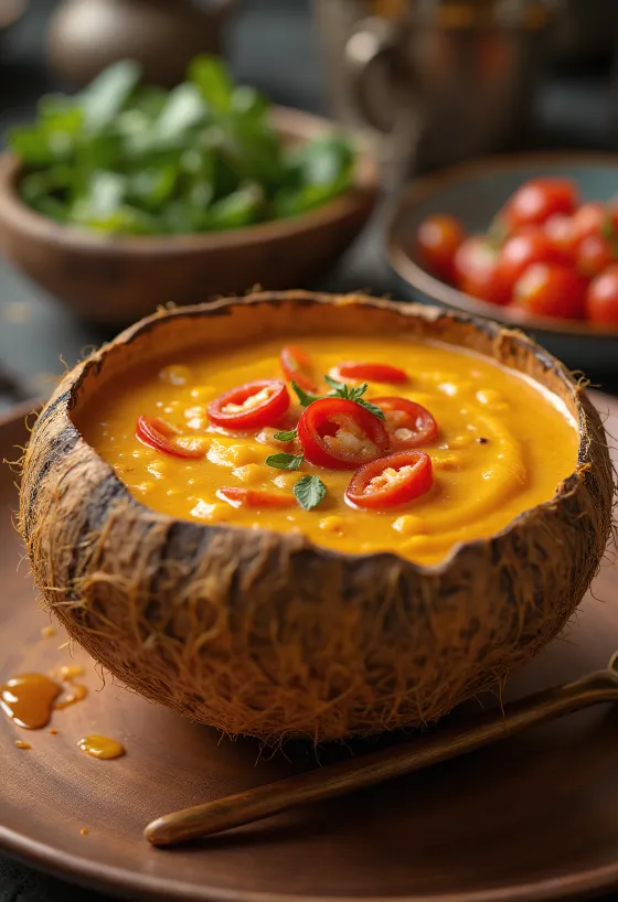 Kryddig kokossås med chili i en skål, med färsk koriander och chiliskivor.