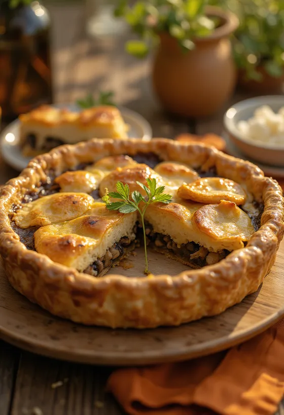 Krämig vegansk svamppaj skuren i bitar