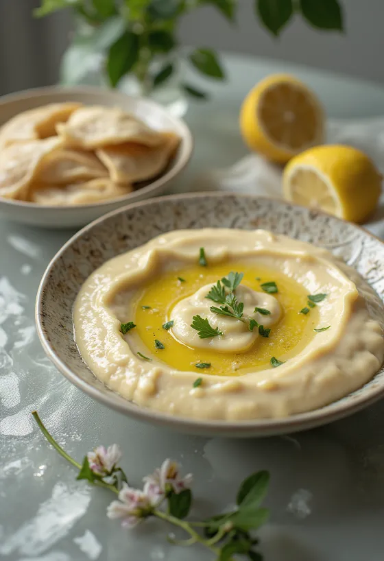 Tahini- och citronsås serverad med pita och grillade grönsaker
