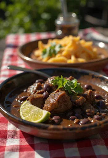 Mole de caderas serverad med nötkött, grönsaker och färsk koriander
