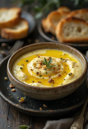 Auberginekräm med mjuk och krämig konsistens, serverad med färska örter och olivolja
