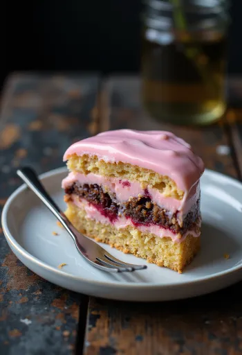 Färgglad punschkaka med rosa glasyr och mjuk sockerkaka i lager.