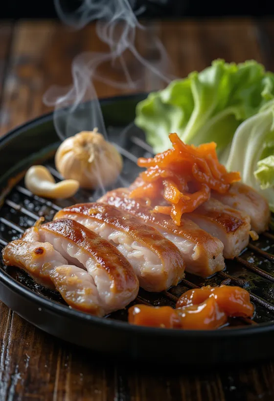 Samgyeopsal serverad med salladsblad och kimchi