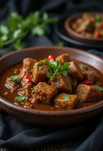 Rykande varm Sarapatel med grislever i en keramikskål