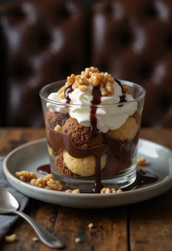Somlói galuska med mjuk sockerkaka, varvad med vaniljkräm och chokladsås