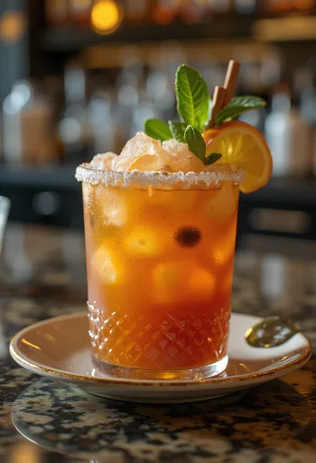 Zombie cocktail dekorerad med myntablad och apelsinskiva