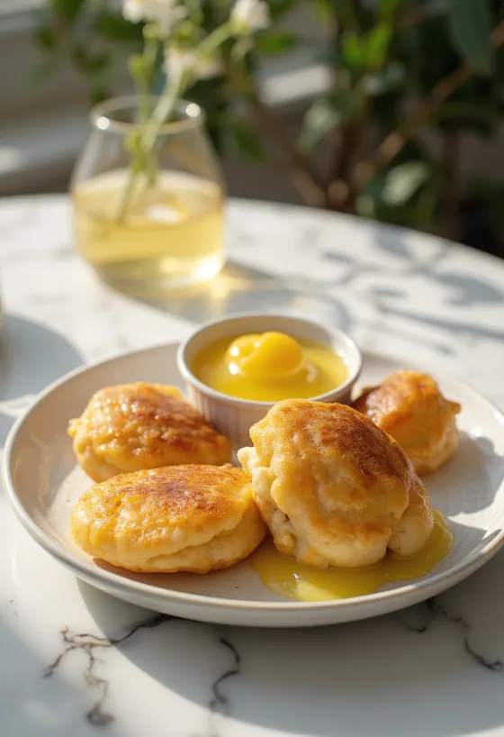 Æbleskiver med citronkräm, färska och runda bollar, garnerade med citronsås