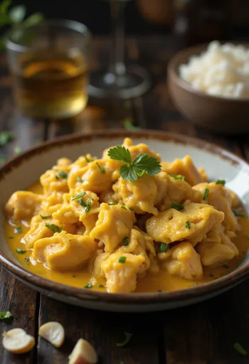 Ají de Gallina med vitlök, serverad med saftigt kycklingkött och rik sås.