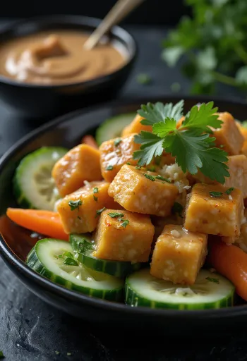 Gado-gado med tofu och tempeh, med färska grönsaker och jordnötssås