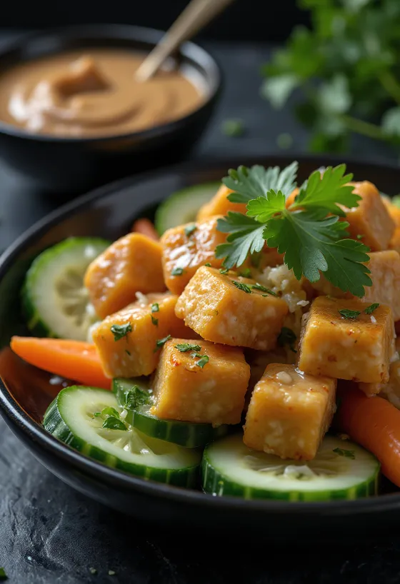 Gado-gado med tofu och tempeh, med färska grönsaker och jordnötssås