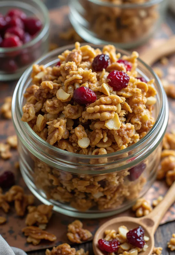 Hemgjord granola med krispiga havregryn, nötter och torkad frukt
