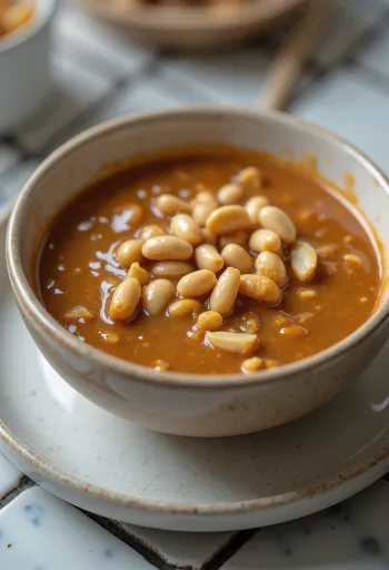 Sataysås med jordnötter serverad med grillade spett