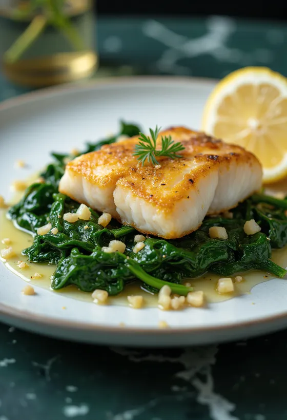 Stekt fisk med vitlöksspenat serverad