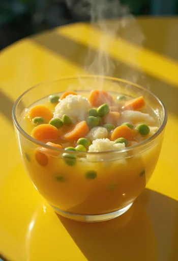 Färsk grönsakssoppa serverad med morötter, selleri och persilja