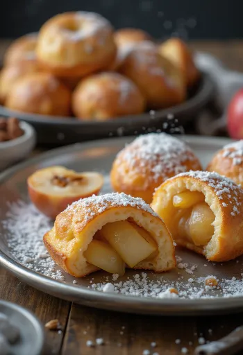 Æbleskiver med äppel- och kanelfyllning, gyllenbruna, pudrade med florsocker
