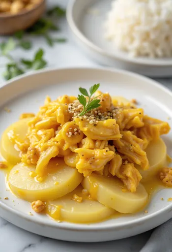 Ají de gallina utan ägg, kyckling med krämig gul sås, serverad med ris och potatis