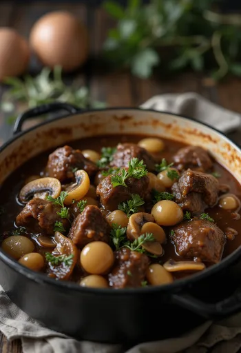 Boeuf Bourguignon serverad med färsk timjan och bröd