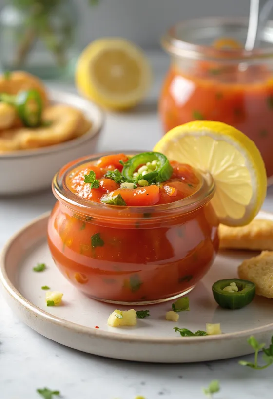 Tomatsås med jalapeño och citron i glasburk