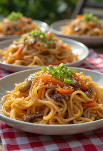 Het japchae serverad med sötpotatisnudlar och grönsaker