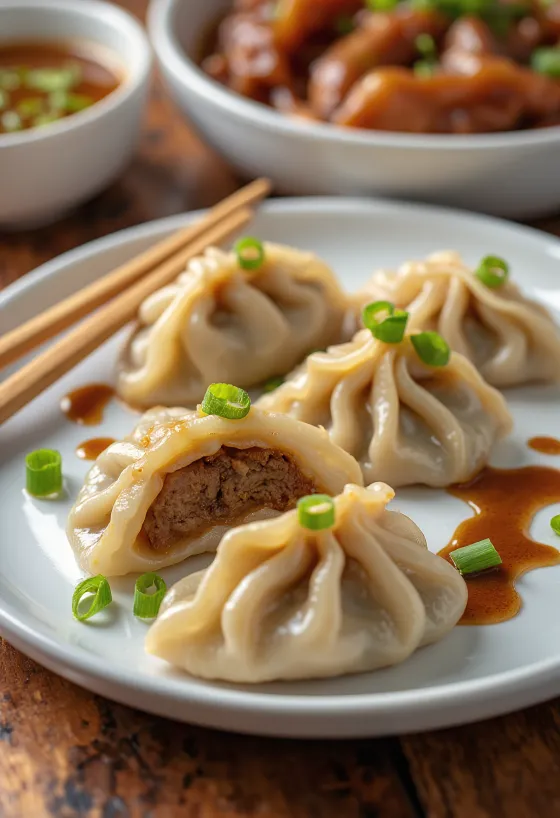 Kinesiska Pekinganka jiaozi kokta, på vit tallrik, ankfyllning synlig