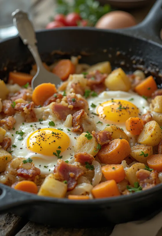 Pyttipanna med färskost serverad, med rikliga grönsaker och färsk persilja