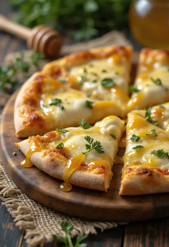Pizza Quattro Formaggi med honung serverad