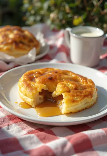 Æbleskiver fyllda med karamellcrème, gyllenbruna, pudrade med florsocker