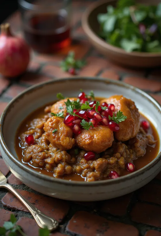 Fesenjoon med kyckling serverad med granatäpplekärnor och ris