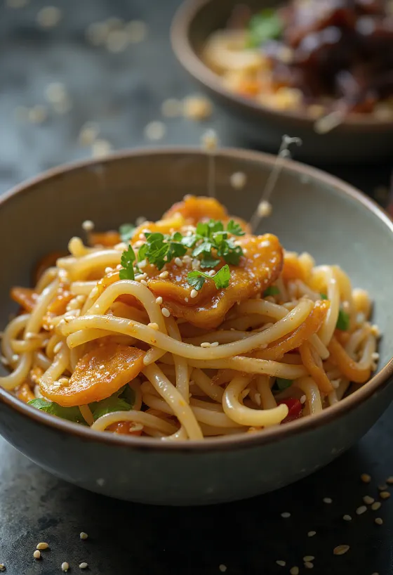 Japchae med vitlök serverad med sötpotatisnudlar och grönsaker