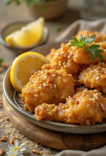 Karaage med vitlöksmarinad, krispiga kycklingbitar strödda med sesamfrön