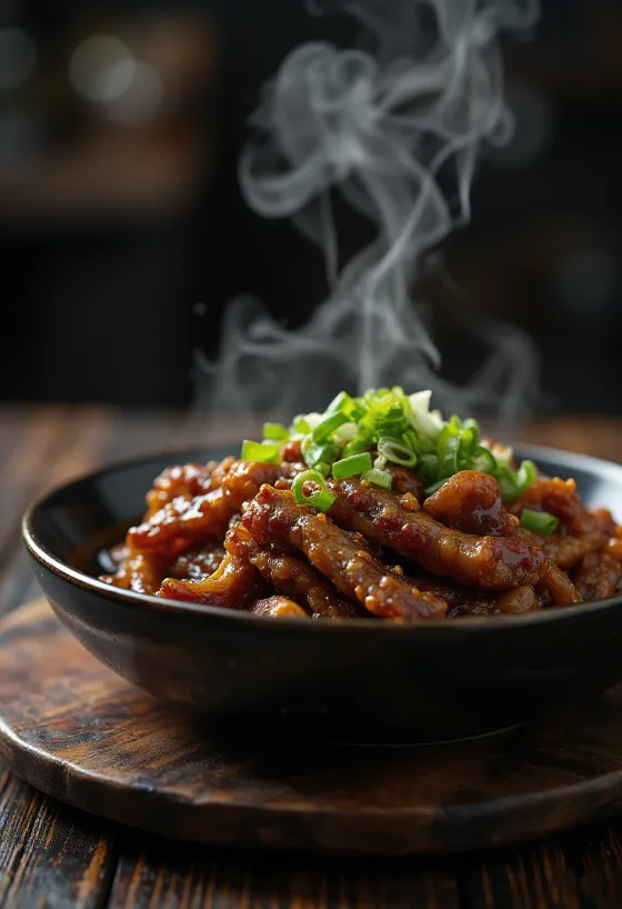 Mongolisk biff i sojasås, serverad med salladslök