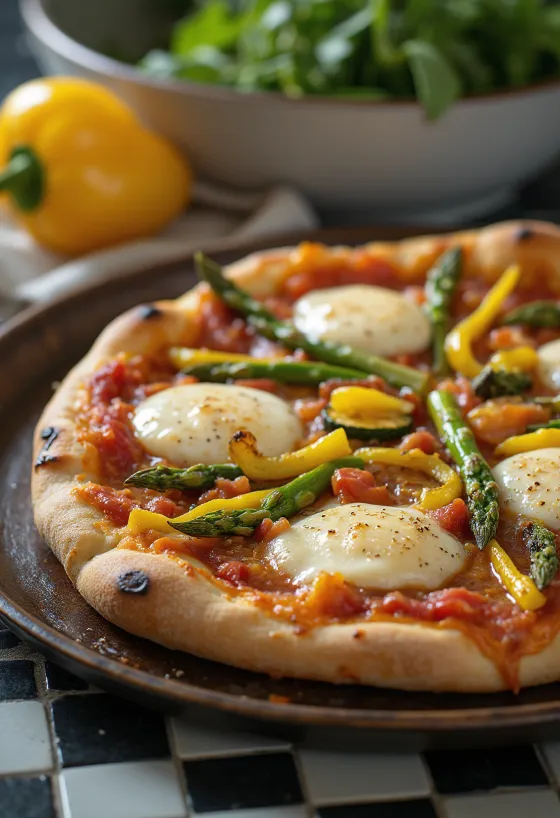 Pizza Primavera med vårgrönsaker och basilika