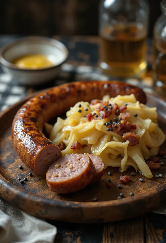 Stekt korv med kål serverad