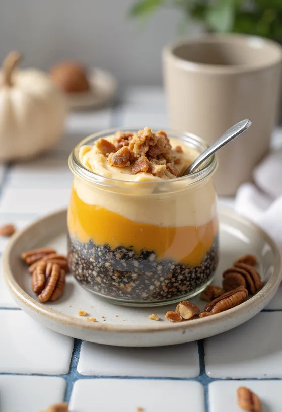 Chiapudding med pumpa, serverad med kanel och rostade valnötter.