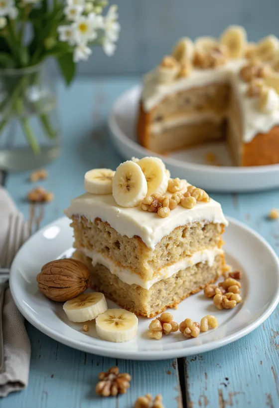 Banan- och valnötstårta dekorerad med färska bananskivor och valnötter