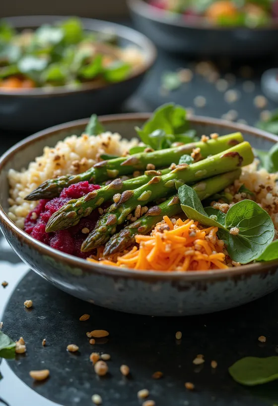 Buddha bowl med grillad sparris serverad