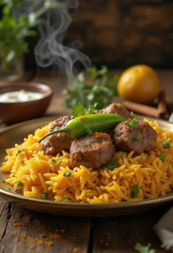 Machboos med lamm, serverad med rika kryddor och ris