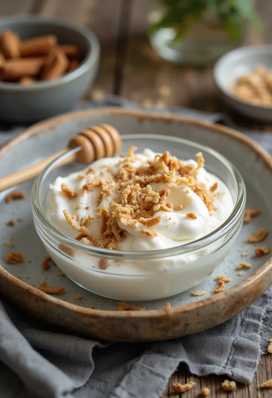 Kanel- och kokosyoghurtdryck serverad i glas, i ljus krämig nyans, med lite kokosflingor på toppen