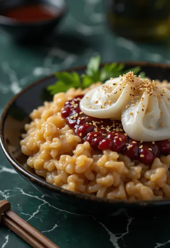 Sekihan med shiratamamjöl serverad, dekorerad med röda bönor och sesamfrön