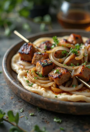 Shashlikspett serverade med grillade grönsaker