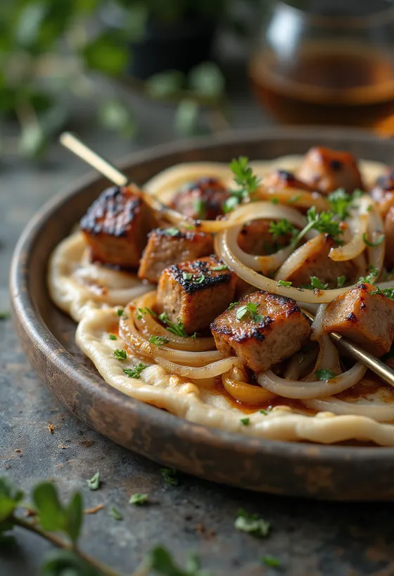 Shashlikspett serverade med grillade grönsaker