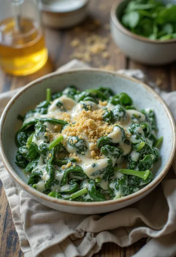 Krämig gräddstuvad spenat nylagad, serverad på vit tallrik.