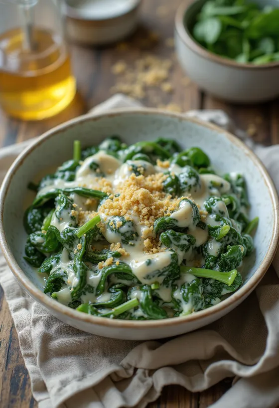 Krämig gräddstuvad spenat nylagad, serverad på vit tallrik.