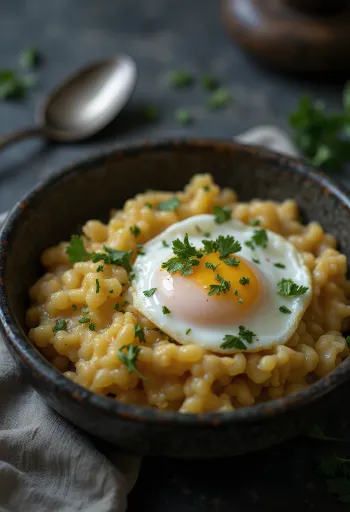 Açorda med pocherat ägg, dekorerad med färsk koriander och droppad med citronsaft