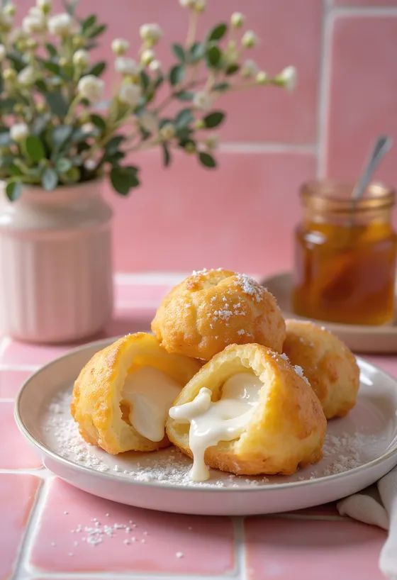 Æbleskiver med ricottafyllning, gyllenbruna, serverade med florsocker